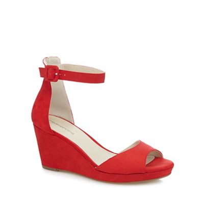 Red textured peep toe wedge sandals